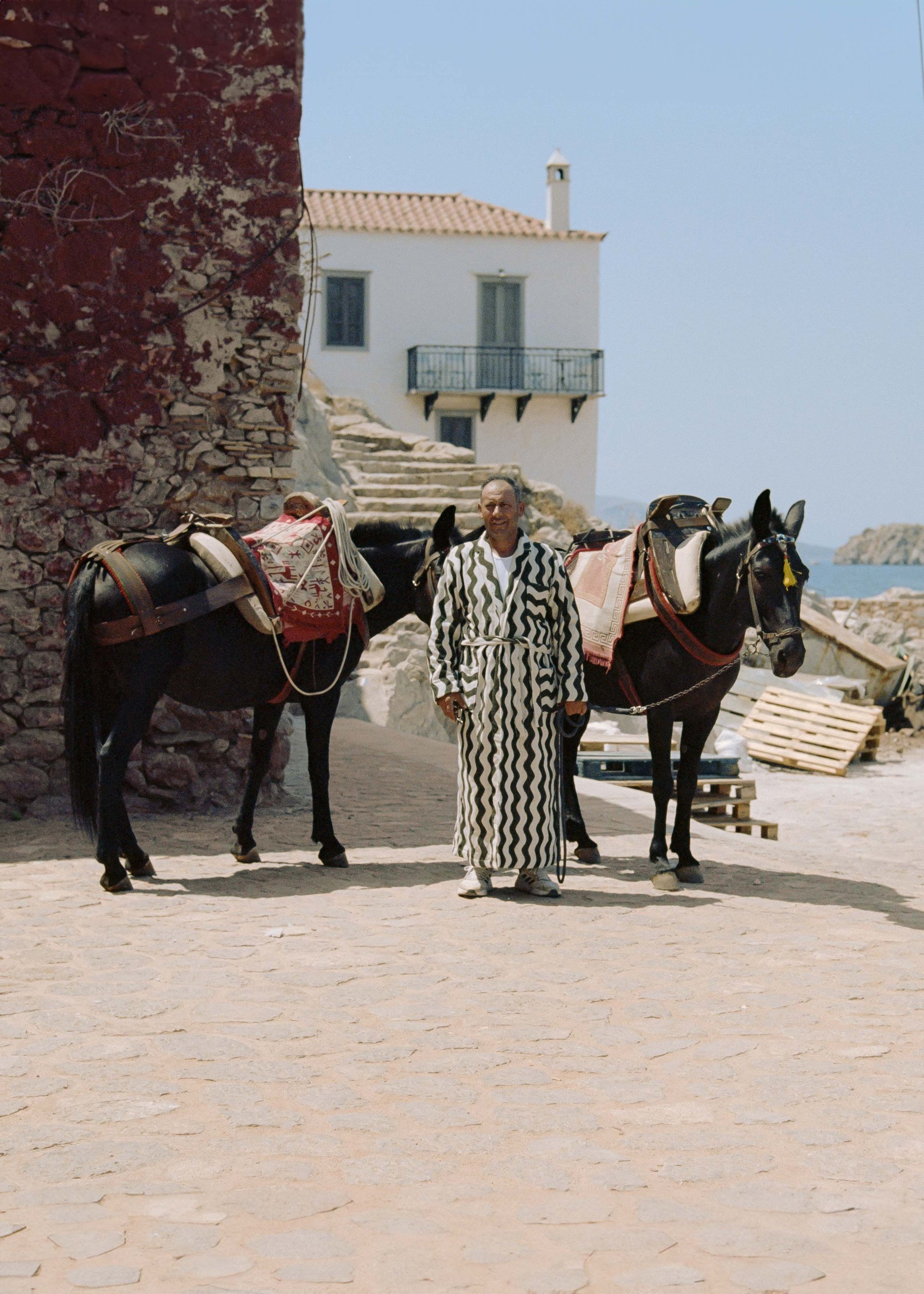 Man in a patterned robe with two mules on a cobblestone street, near a Mediterranean seaside village.