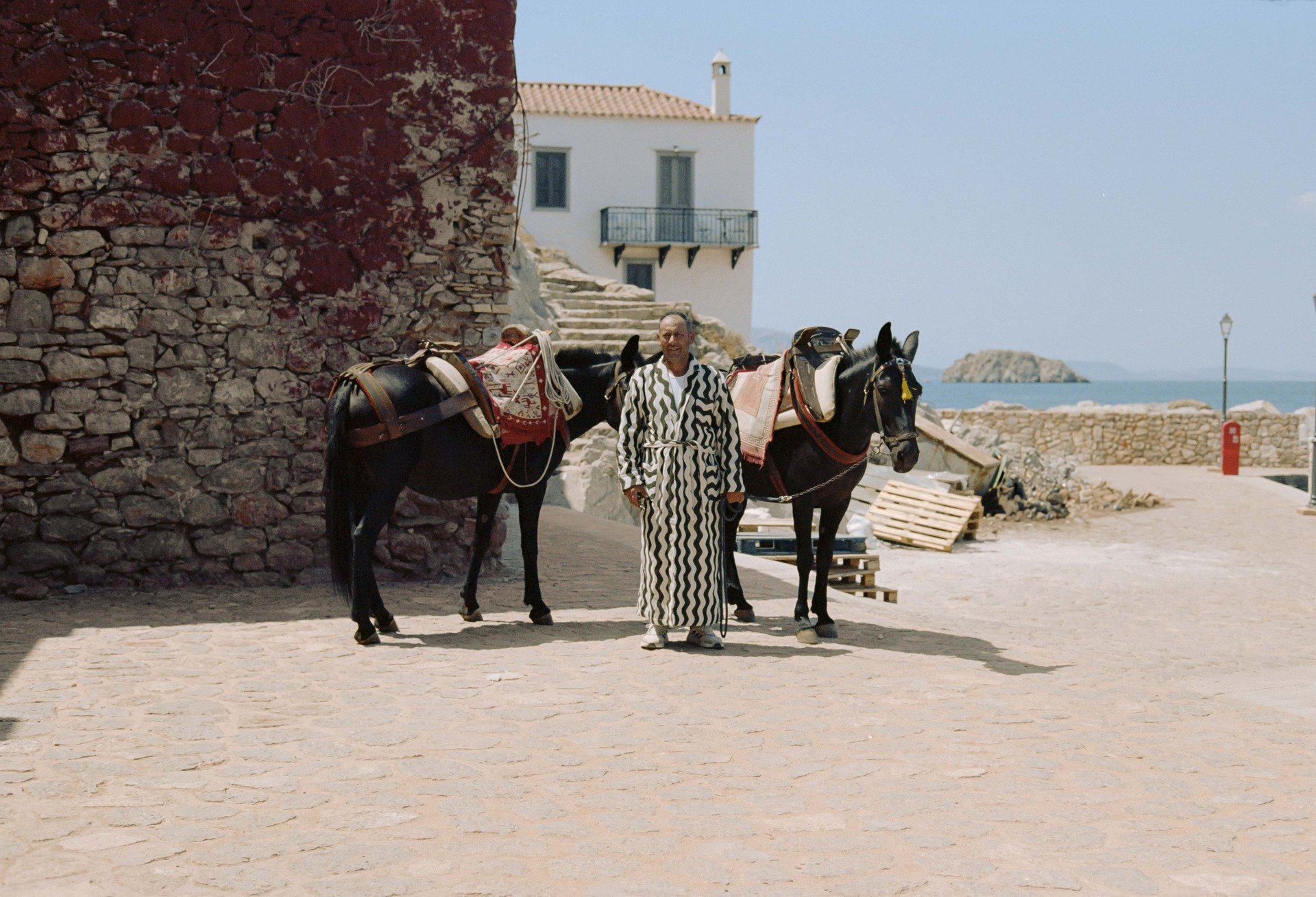 Man in a patterned robe with two mules on a cobblestone street, near a Mediterranean seaside village.